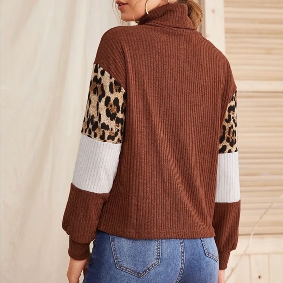 Rolled Neck Leopard Print Long Sleeve Panel Color Block Sweater Turtleneck - Picture 2 of 10